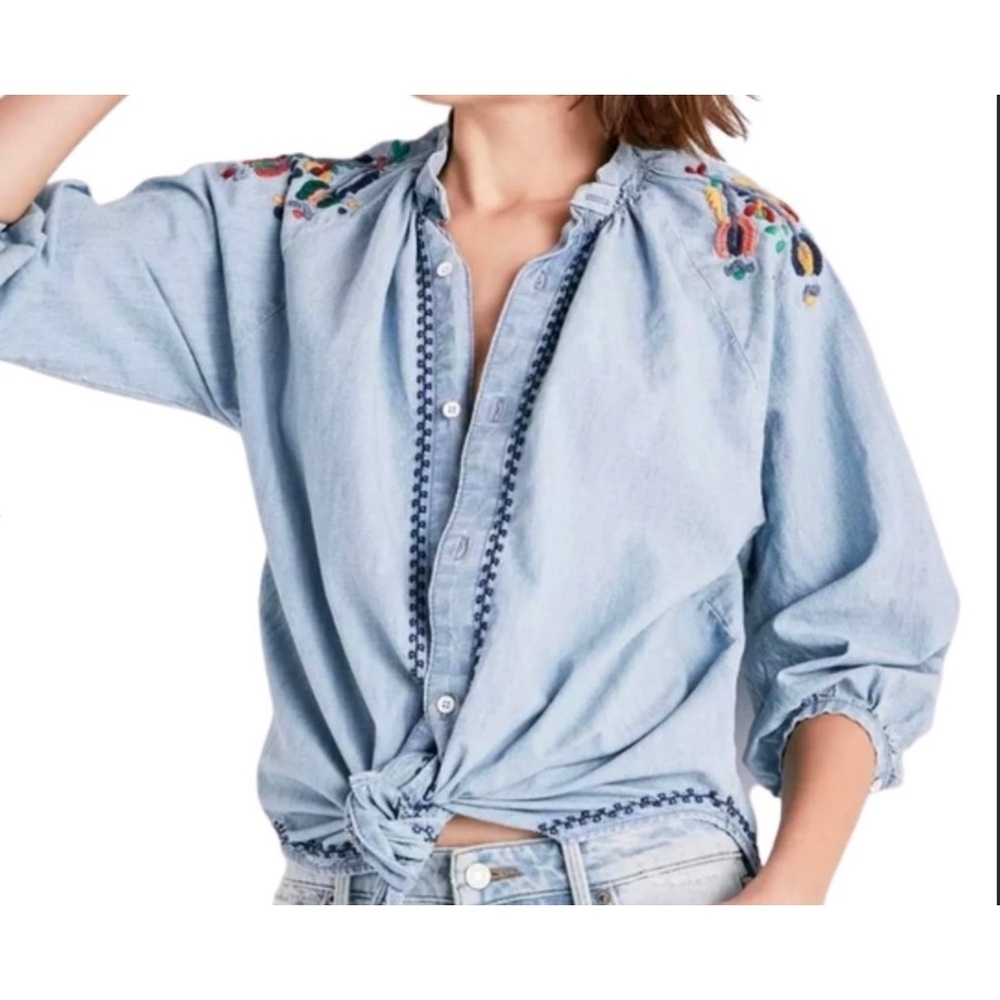 Lucky Brand Shirt Floral Embroidered Denim Button Down Blue Small